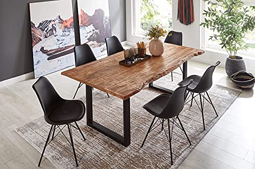 SAM 7tlg. Essgruppe Norina 200 x 100 cm, Mangoholz massiv, Baumkantentisch mit U-Metallgestell in Schwarz + 6X Schalenstuhl Lerche in Schwarz von SAM