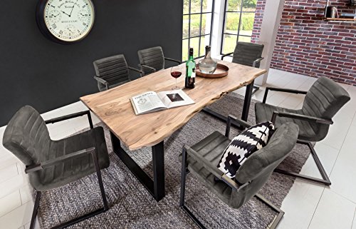 SAM 7tlg. Essgruppe Quentin, 1x Baumkantentisch 160x90cm Akazienholz massiv + naturfarben & 6X Schwingstuhl/Esszimmerstuhl Parzivo in anthrazit, Tischgruppe mit echter Baumkante von SAM