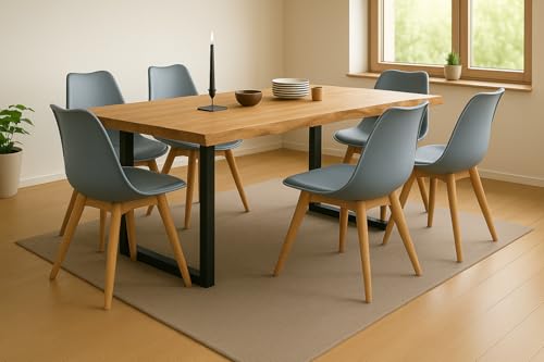 SAM 7tlg. Essgruppe Seattle| Esstisch mit 6 Stühlen | 200x100 cm mit echter Baumkante | Eiche/Wildeiche massiv | U-Gestell Schwarz | 6X Schalenstuhl Grau inkl. Sitzkissen von SAM