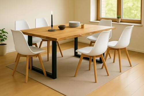 SAM 7tlg. Essgruppe Seattle| Esstisch mit 6 Stühlen | 220x100 cm mit echter Baumkante | Eiche/Wildeiche massiv | U-Gestell Schwarz | 6X Schalenstuhl Weiß inkl. Sitzkissen von SAM