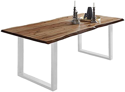 SAM Baumkantentisch 140x80 cm Mephisto, Akazienholz massiv + nussbaumfarben lackiert, Esstisch mit weiß lackiertem U-Gestell, Esszimmertisch/Holztisch, Tischplatte 26 mm von SAM