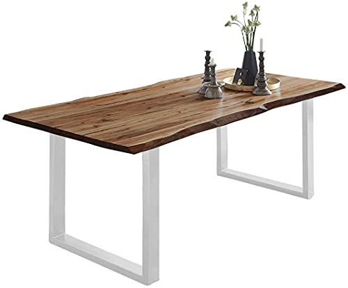 SAM Baumkantentisch 160x85 cm Mephisto, Akazienholz massiv + naturfarben lackiert, Esstisch mit weiß lackiertem U-Gestell, Esszimmertisch/Holztisch, Tischplatte 26 mm von SAM