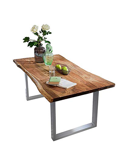 SAM Baumkantentisch 200x100 cm Quarto, nussbaumfarbig, Esszimmertisch aus Akazie, Holz-Tisch mit silber lackierten Beinen von junado
