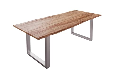 SAM Baumkantentisch 240x100cm Mailand, Sheesham-Holz naturbelassen, Esstisch mit echter Baumkante, massiver Esszimmertisch mit U-Gestell Silber, Tischplatte 26mm von SAM