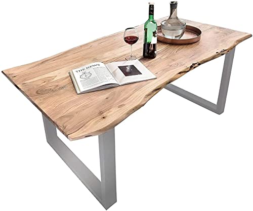 SAM Baumkantentisch 260x100 cm Quarto, Akazienholz massiv + naturfarben, Esstisch mit silbernem U-Gestell, Esszimmertisch/Holztisch Industrial-Design, Tischplatte 26 mm von SAM