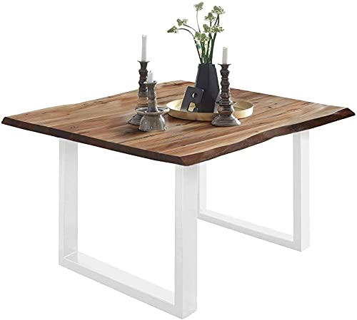 SAM Baumkantentisch 80x80 cm Mephisto, Akazienholz massiv + naturfarben lackiert, Esstisch mit weiß lackiertem U-Gestell, Esszimmertisch/Holztisch, Tischplatte 26 mm von SAM