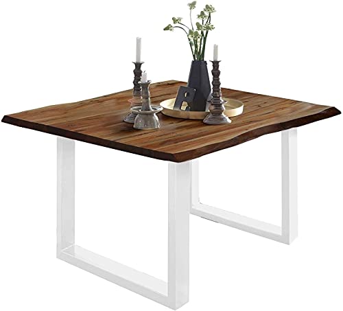 SAM Baumkantentisch 80x80 cm Mephisto, Akazienholz massiv + nussbaumfarben lackiert, Esstisch mit weiß lackiertem U-Gestell, Esszimmertisch/Holztisch, Tischplatte 26 mm von SAM