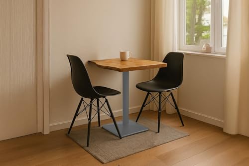 SAM Bistrotisch Iris, Akazienholz massiv + naturfarben, echte Baumkante, Baumkantentisch mit Stempelfuß aus Eisen Silber, Säulentisch/Esstisch 70x70 cm von SAM
