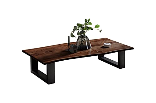 SAM Couchtisch 115 x 60 cm Spooner, echte Baumkante, Akazienholz nussbaumfarben, massiver Sofatisch, Beistelltisch mit U-Metallgestell Mattschwarz, pflegeleichtes Unikat von SAM