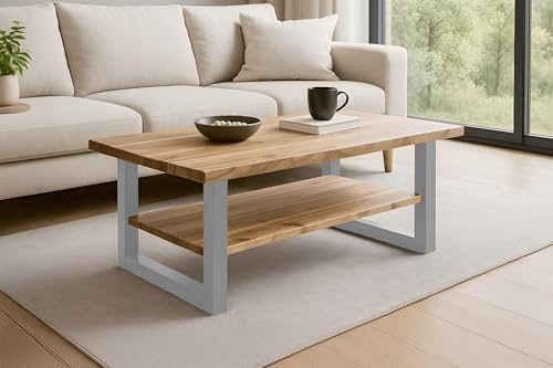 SAM Couchtisch 115x65 cm Patrick, Sofatisch mit Ablage, Akazienholz massiv + naturfarben + lackiert, Beistelltisch mit silbernem U-Metallgestell, echte Baumkante von SAM