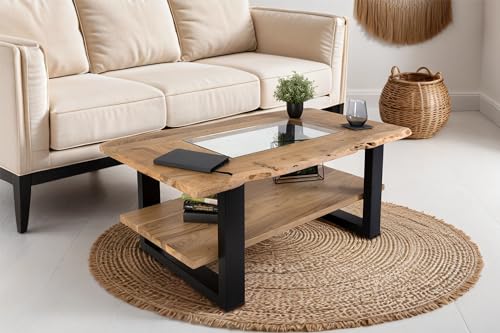 SAM Couchtisch 115x65 cm Patrick, Sofatisch mit Ablage und Glasplatte, Akazienholz massiv + naturfarben, Beistelltisch mit schwarzem U-Metallgestell, echte Baumkante von SAM