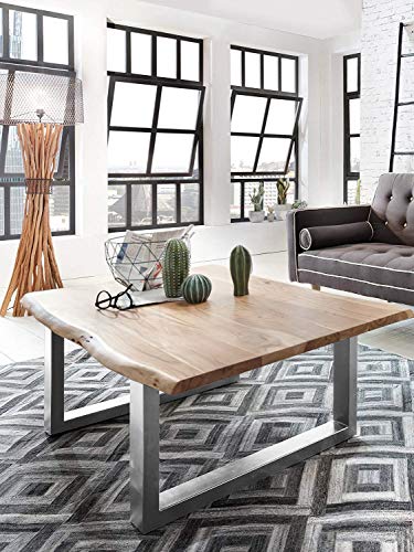 SAM Couchtisch 120x80 cm Quarto, echte Baumkante, massiver Sofatisch aus Akazienholz naturfarben, Beistelltisch mit U-Metallgestell Silber, Baumkantentisch für Wohnzimmer von SAM
