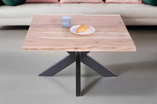 SAM Couchtisch 80x80 cm Quintus, echte Baumkante, Akazienholz naturfarben, massiver Sofatisch, Spider-Metallgestell Schwarz von SAM