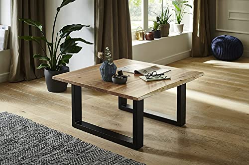 SAM Couchtisch 80x80 cm Quintus, echte Baumkante, Akazienholz naturfarben, massiver Sofatisch, U-Metallgestell Schwarz von SAM