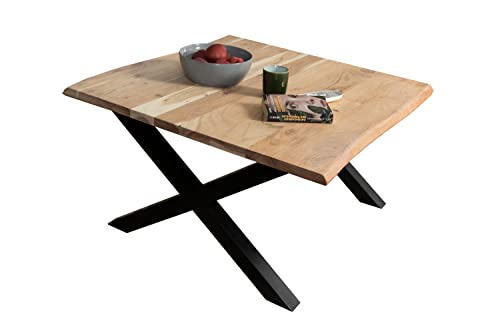 SAM Couchtisch 80x80 cm Quintus, echte Baumkante, Akazienholz naturfarben, massiver Sofatisch, X-Metallgestell Schwarz von SAM