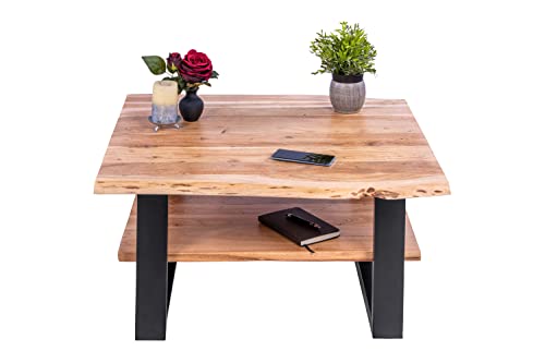 SAM Couchtisch 90x90 cm Patrick, Sofatisch mit Ablage, Akazienholz massiv + naturfarben + lackiert, Beistelltisch mit schwarzem U-Metallgestell, echte Baumkante von SAM