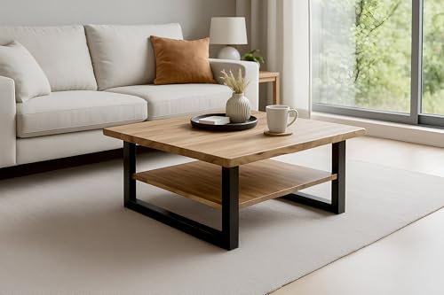 SAM Couchtisch 90x90 cm Patrick, Sofatisch mit Ablage, Akazienholz massiv + naturfarben + lackiert, Beistelltisch mit schwarzem U-Metallgestell, echte Baumkante von SAM