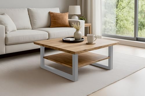 SAM Couchtisch 90x90 cm Patrick, Sofatisch mit Ablage, Akazienholz massiv + naturfarben + lackiert, Beistelltisch mit silbernem U-Metallgestell, echte Baumkante von SAM