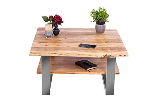 SAM Couchtisch 90x90 cm Patrick, Sofatisch mit Ablage, Akazienholz massiv + naturfarben + lackiert, Beistelltisch mit silbernem U-Metallgestell, echte Baumkante von SAM