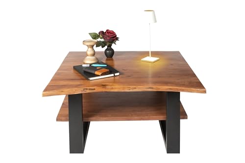 SAM Couchtisch 90x90 cm Patrick, Sofatisch mit Ablage, Akazienholz massiv + nussbaumfarben + lackiert, Beistelltisch mit schwarzem U-Metallgestell, echte Baumkante von SAM