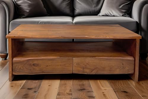 SAM Couchtisch Dahlia I, Sofatisch mit Ablage & 2 Schubladen, Akazienholz massiv + nussbaumfarben + lackiert, Beistelltisch mit echter Baumkante, 130x70x45 cm von SAM