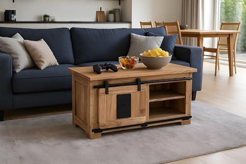 SAM Couchtisch Libro II, Akazienholz massiv + naturfarben, Sofatisch mit Holzschiebetür & 4 offenen Fächern, Türelemente & Reling aus Eisen, 110 x 45 x 50 cm SAM Couchtisch Libro II, Akazienholz massiv + naturfarben, Sofatisch mit Holzschiebetür & 4 offenen Fächern, Türelemente & Reling aus Eisen, 110 x 45 x 50 cm von SAM