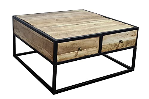 SAM Couchtisch Nagar 2, Akazienholz massiv & naturfarben, Beistelltisch mit Vier Schubladen, Sofatisch mit Metallgriff & -Rahmen, 80 x 80 x 40 cm von SAM