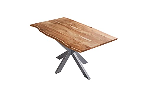SAM Esstisch 120x80cm Benni, Akazienholz massiv + naturfarben, echte Baumkante, Baumkantentisch mit Spider-Metallgestell Silber, Esszimmertisch mit Tischplatte 26mm von SAM