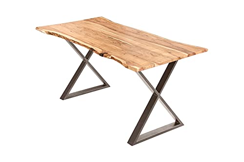 SAM Esstisch 120x80cm Marbella, echte Baumkante, Akazienholz naturfarben + massiv, Baumkantentisch mit geschlossenem X-Metallgestell Edelstahlfarben, Esszimmertisch von SAM