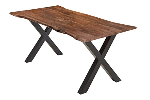 SAM Esstisch 140x80 cm Burgos, Akazienholz massiv + nussbaumfarben + lackiert, echte Baumkante, Baumkantentisch mit X-Gestell aus Metall schwarz, Tischplatte 26 mm von SAM