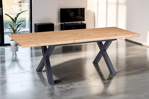 SAM Esstisch 180x90 cm Bird, MDF-Tischplatte mit Eiche-Optik, Ausziehtisch, Schweizer Kante, Tischbeine in X-Form, Schmetterlingsauszug (2X 40 cm Platten), ausziehbarer Esszimmertisch auf 260 cm von SAM