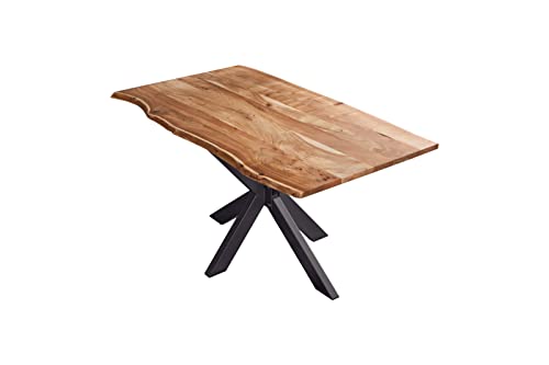 SAM Esstisch 200x100cm Benni, Akazienholz massiv + naturfarben, echte Baumkante, Baumkantentisch mit Spider-Metallgestell Schwarz, Esszimmertisch mit Tischplatte 26mm von SAM
