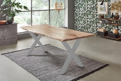 SAM Esstisch 220x100 cm Bologna, Akazienholz massiv + naturfarben + lackiert, echte Baumkante, Baumkantentisch mit X-Gestell aus Metall Silber, Esszimmertisch/Holztisch/Küchentisch SAM Esstisch 220x100 cm Bologna, Akazienholz massiv + naturfarben + lackiert, echte Baumkante, Baumkantentisch mit X-Gestell aus Metall Silber, Esszimmertisch/Holztisch/Küchentisch von SAM