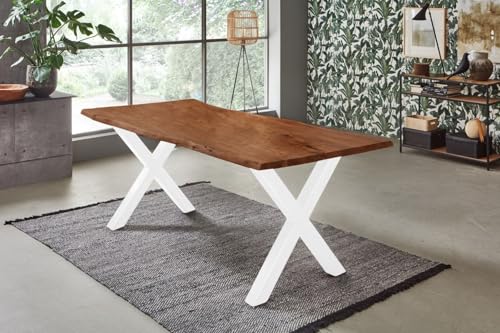 SAM Esstisch 300x100 cm Bologna, Akazienholz massiv + nussbaumfarben + lackiert, echte Baumkante, Baumkantentisch mit X-Gestell aus Metall Weiß, Esszimmertisch/Holztisch/Küchentisch von SAM