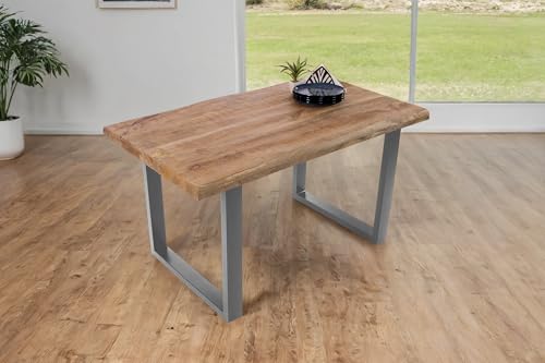 SAM Esstisch Cali | 160 x 85 cm | Mangoholz | Farbe: Natur/rau | U-Gestell Metall Silber | Massivholz mit echter Baumkante | pflegeleichter Baumkantentisch/Esszimmertisch von SAM