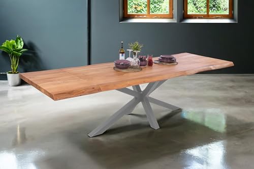 SAM Esstisch Cali mit Ansteckplatten | 180 x 90 cm (erweiterbar auf 280 x 90 cm) | Akazie massiv & naturfarben | echte Baumkante | Spider-Gestell Metall Silber | Baumkantentisch/Esszimmertisch von SAM
