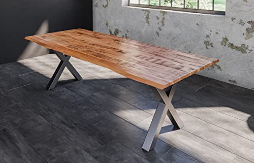 SAM Esstisch Dora 280 x 100 cm, Mangoholz massiv, lackiert & naturfarben, Baumkantentisch mit X-Metallgestell in Silber, echte Baumkante, 26 mm von SAM