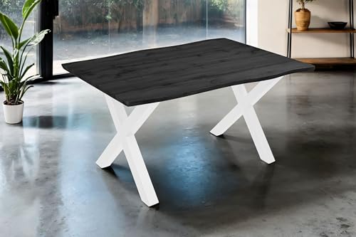 SAM Esstisch Josy | 160 x 85 cm | Holz-Optik in Grau | X-Gestell Metall Weiß | 40 mm Tischplatte mit Baumkante | Tisch für Esszimmer & Küche von SAM