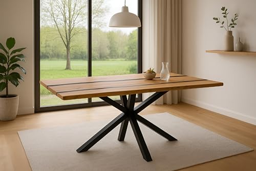 SAM Esstisch Pedro | 160 x 85 cm | Akazienholz massiv | Farbe: Natur | Resin/Epoxidharz-River in Schwarz | echte Baumkante | Spider-Gestell Metall Schwarz von SAM