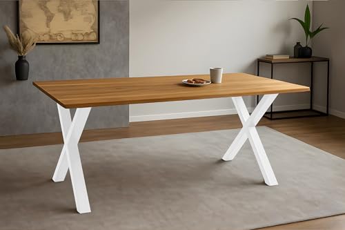 SAM Esstisch Salvador | 260 x 100 cm | Eiche massiv + geölt | Baumkante | X-Gestell Metall Weiß | pflegeleichter Esszimmertisch/Küchentisch/Eichenholz-Tisch/Holztisch aus Wildeiche von SAM
