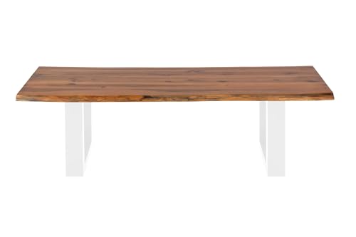 SAM Esszimmerbank 120x40 cm Dallas, Akazienholz cognacfarben, Massive Holzbank mit echter Baumkante, Baumkantenbank mit U-Gestell Weiß, Sitzbank mit 26 mm Platte von SAM