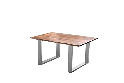 SAM Esszimmertisch 120x80 cm Laurina, Baumkantentisch aus Akazienholz, massiv + nougatfarben, U-Metallgestell Silber, Esstisch mit echter Baumkante von SAM