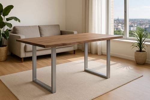 SAM Esszimmertisch 220x100 cm Laurina, Baumkantentisch aus Akazienholz, massiv + stonefarben, U-Metallgestell Silber, Esstisch mit echter Baumkante SAM Esszimmertisch 220x100 cm Laurina, Baumkantentisch aus Akazienholz, massiv + stonefarben, U-Metallgestell Silber, Esstisch mit echter Baumkante von SAM