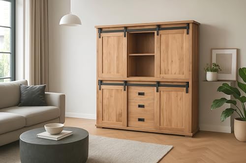 SAM Highboard Lian I | Akazienholz massiv | Farbe: Natur | 150x45x160 cm | 10 Fächer & 3 Schubladen | 4 x Holz-Schiebetüren | Gusseiserne Elemente von SAM