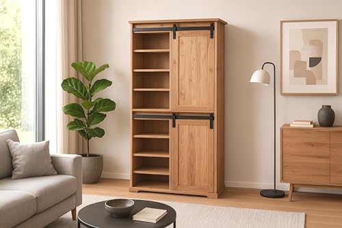 SAM Highboard Lian III | Akazienholz massiv | Farbe: Natur | 80x45x175 cm | 10 Fächer & 2 Schubladen | 2 x Holz-Schiebetüren | Gusseiserne Elemente von SAM