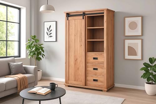 SAM Kleiderschrank Lian | Akazienholz massiv | Farbe: Natur | 100x45x175 cm | 6 Fächer & 3 Schubladen | 1 x Holz-Schiebetür | Gusseiserne Elemente von SAM