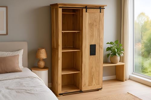 SAM Kleiderschrank Libro, Akazienholz massiv + naturfarben, Kleiderschrank mit Holzschiebetür, 3 Schubladen, Kleiderstange & 7 offene Fächer, Griffe & Reling aus Eisen, 100 x 175 x 45 cm SAM Kleiderschrank Libro, Akazienholz massiv + naturfarben, Kleiderschrank mit Holzschiebetür, 3 Schubladen, Kleiderstange & 7 offene Fächer, Griffe & Reling aus Eisen, 100 x 175 x 45 cm von SAM