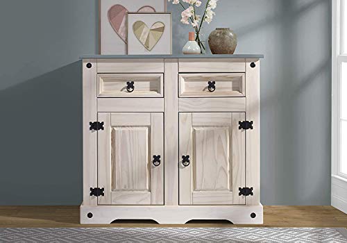 SAM Kommode Merida, Pinienholz massiv, Sideboard mit 2 Türen & 2 Schubladen, weiß lasiert, Schwarze Metallgriffe, graue Deckplatte, Mexiko-Möbel von SAM