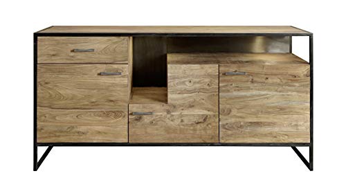 SAM Kommode Sydney, Akazienholz massiv & stonefarben, Sideboard mit 3 Türen, je 1 Schublade & offenes Fach mit Licht, Rahmen & Griffe aus Metall, 175 x 85 x 45 cm von SAM