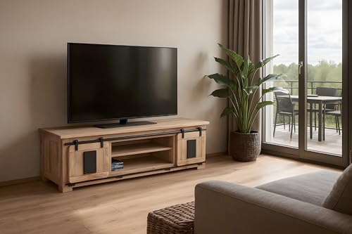 SAM Lowboard Libro VII, Akazienholz massiv + naturfarben, TV-Board/Fernsehkommode mit 2 Holzschiebetüren, 2 Schubfächer & 5 offenen Fächern, Türelemente & Reling aus Eisen, 180 x 55 x 50 cm SAM Lowboard Libro VII, Akazienholz massiv + naturfarben, TV-Board/Fernsehkommode mit 2 Holzschiebetüren, 2 Schubfächer & 5 offenen Fächern, Türelemente & Reling aus Eisen, 180 x 55 x 50 cm von SAM